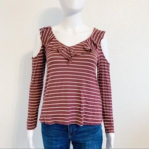 August Mist Size XS Maroon Striped Cold Shoulder Ruffle Neck Long Sleeve Blouse